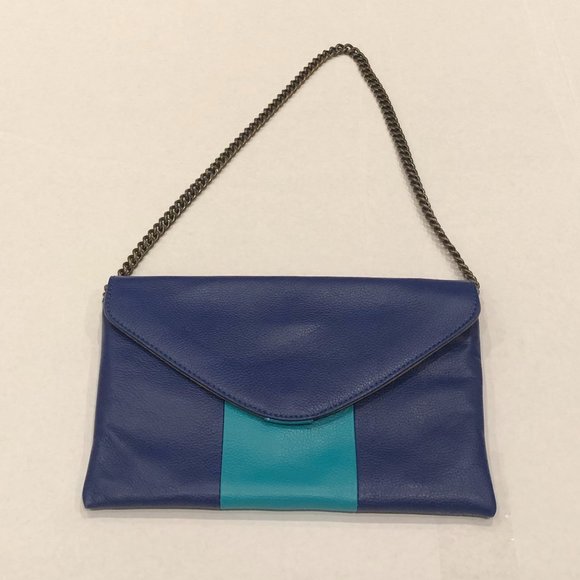 J.CREW 100% Leather Blue Clutch with chain - Picture 3 of 9